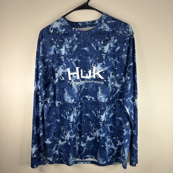 HUK Performance Fishing LS Shirt MENS M Blue Camouflage - Picture 1 of 6